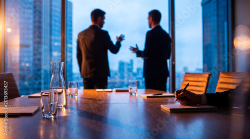 Foto Businessmen conversing during a strategic meeting in a modern boardroom with a panoramic city view