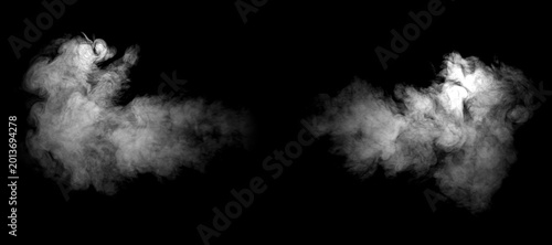 White smoke or fog isolated on black background with realistic vapor texture, mist overlay, steam effect, abstract cloud motion and atmospheric haze for design, cinematic and digital editing.