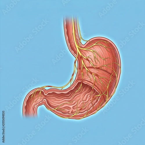 Stomach with Gastroparesis (Nerves): A detailed illustration of the stomach with a visible depiction of damaged or sluggish vagus nerves intertwined with the stomach wall, symbolizing delayed emptying