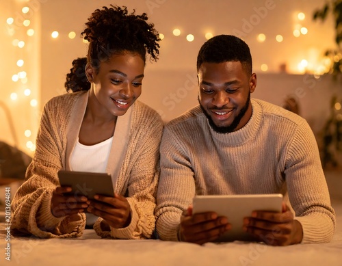Smiling couple lies down on bed, holding tablets, under soft warm string lights, glowing