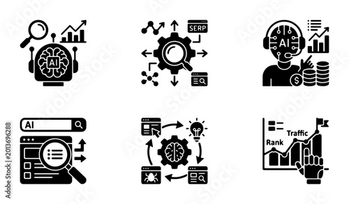 AI SEO Icons, Digital Marketing Analytics, Search Engine Optimization Tools, Business Growth Strategy, Data Analysis Graphics, Technology Workflow Set
