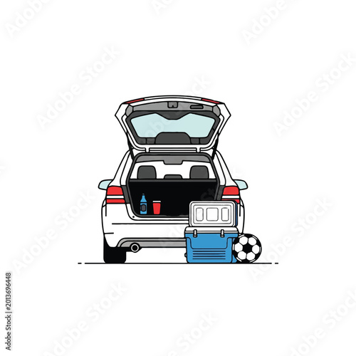 A minimalist depiction of a car trunk open with a cooler and a soccer ball nearby, classic North American tailgating scene before a match, clean lines, minimalist flat vector artwork, clipart