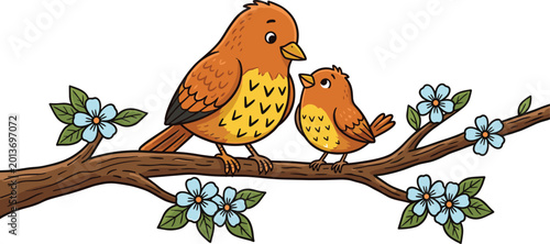 Bild auf Leinwand Adorable Mother and Baby Bird Vector Illustration Featuring Two Cute Brown Birds