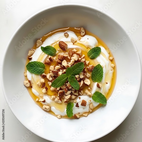 Delicious yogurt with nuts and mint leaves
