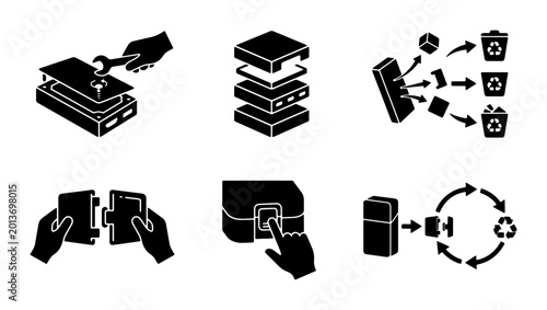 Tableau sur toile Smartphone Repair and Recycling Icons, Electronic Device Disassembly and Assembl