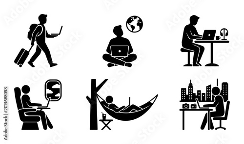 Bild auf Leinwand Remote Work Icons Set: Digital Nomad Lifestyle, Freelancer Office, Travel & Home