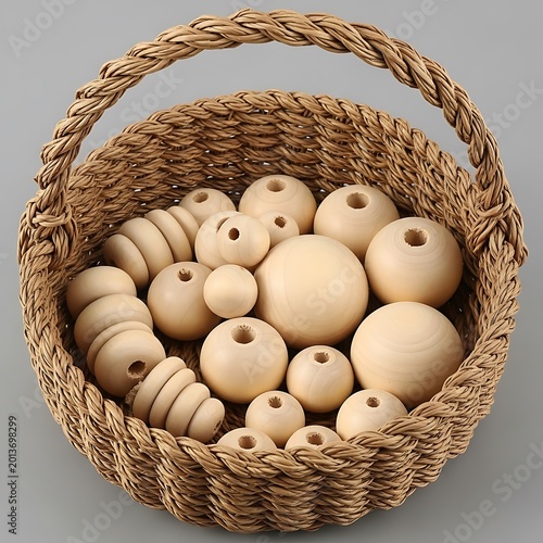 Woven basket filled with wooden beads