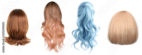 Tableau sur toile Four diverse hair wigs, including a short bob, long ombre waves, vibrant blue, and a sleek blonde style