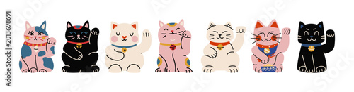 Maneki neko lucky cat stickers with asian fortune symbols in retro cartoon style. icons: waving cat, coin, traditional japanese lucky charm, prosperity and wealth cats