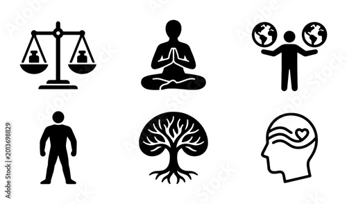 Obraz na plátne Set of 6 Icons: Balance Scale, Meditation, Global Responsibility, Human Figure, Tree of Life, Mindful Head, symbolizing ethics, wellness, interconnectedness, growth, and mental health concepts