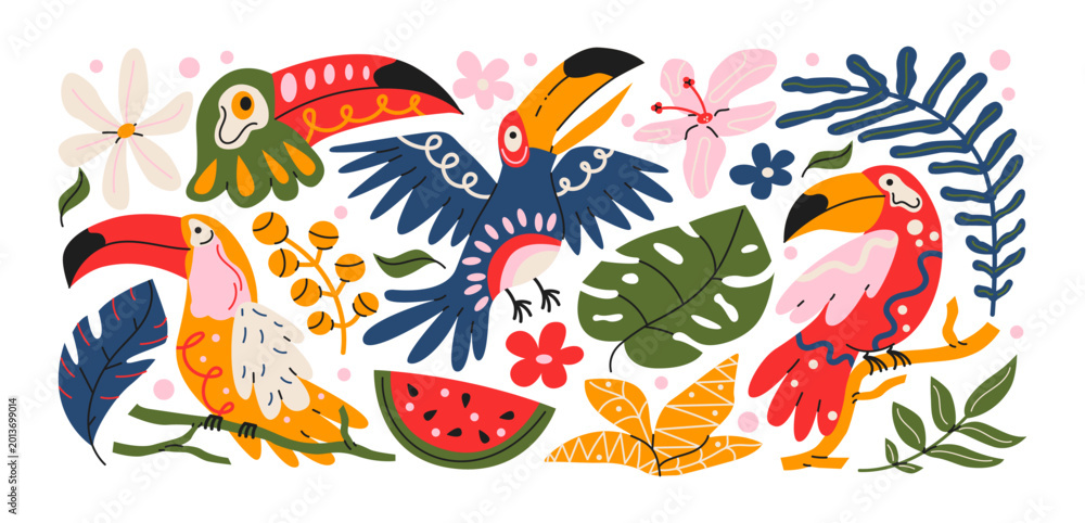 Fototapeta premium Tropical toucan stickers with exotic birds and jungle wildlife in retro cartoon style. Tropical fauna, botanical elements and fruits with decorative shapes. Colorful jungle rainforest collection with 