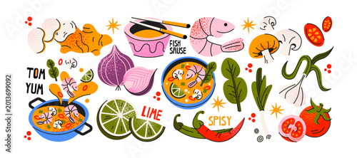 Cuadro en lienzo Tom yum soup sticker shapes with shrimp chili and asian ingredients, spicy thai