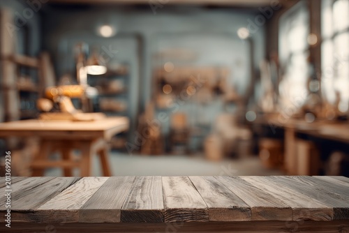 Empty wooden table top with blurred workshop background.