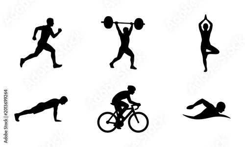 Konstfotografi Fitness Silhouette Icons Set: Running, Weightlifting, Yoga, Push-ups, Cycling, S