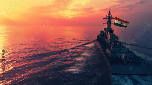 Indian Navy warship sailing at sunset on calm ocean