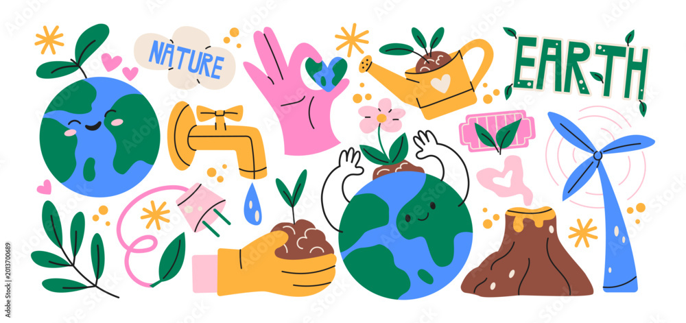 Fototapeta premium Earth Day eco stickers in retro cartoon style. environmental symbols: planet earth, hands, plant sprout, wind turbine, volcano, nature care and sustainability actions, global ecology protection