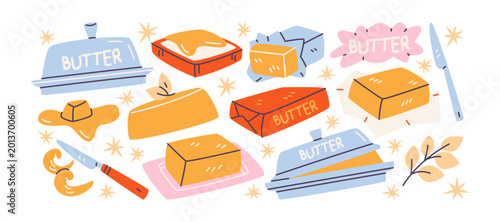Fotografie Butter dairy product stickers in retro cartoon style