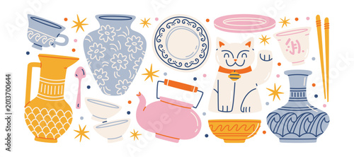 Tableau sur toile Chinese porcelain stickers  with ceramic teapot bowls vases and lucky cat, tradi
