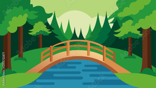 Colorful rainbow bridge over green jungle with waterfall