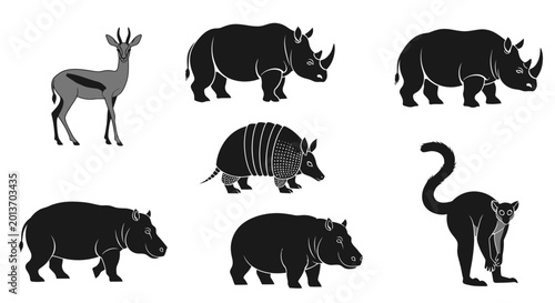 Photography African Wildlife Silhouette Collection: Rhino, Hippo, Gazelle, Armadillo, Monkey