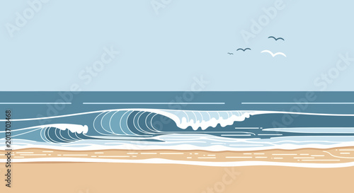 Foto Ocean waves crashing on a sandy beach under a clear sky.
