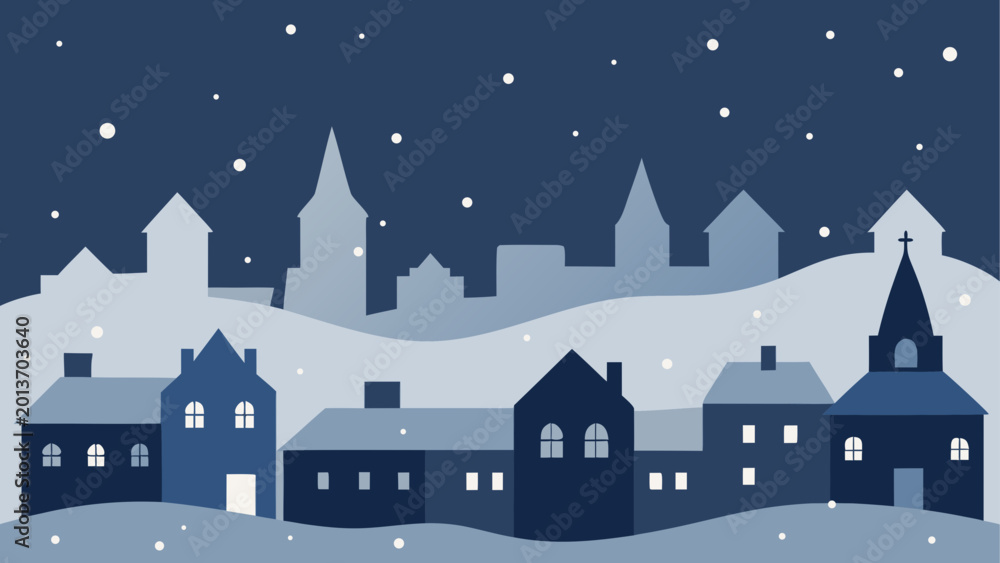 Naklejka premium Winter village with snow covered houses and church under starry night sky