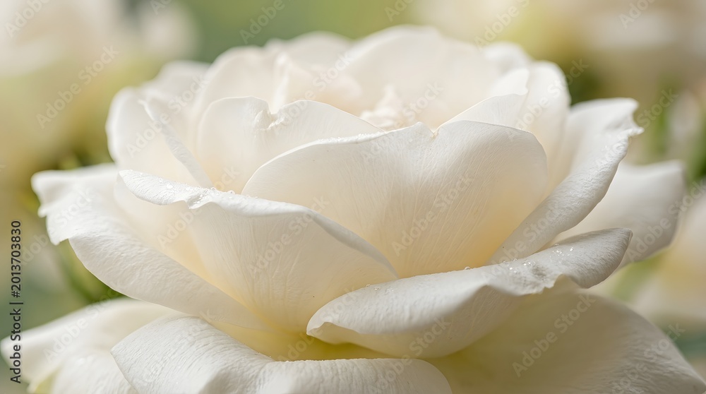 Fototapeta premium Close up of a white rose in bloom with water droplets