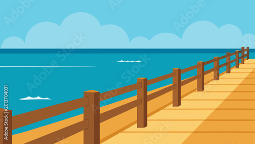 Fotografia Wooden boardwalk leading to blue ocean under sunny sky
