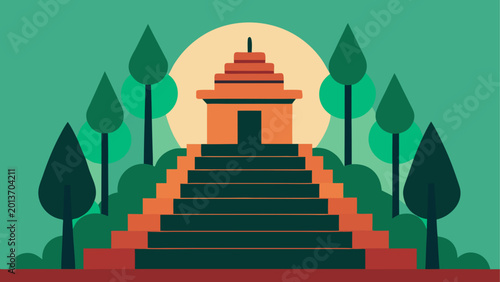 Fotografie Temple entrance with stairs and green trees at sunset