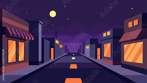 Empty small town street at night with full moon and orange lights