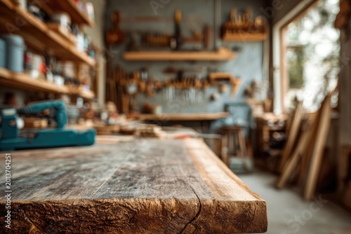 Rustic wooden workbench in a blurred carpentry workshop.