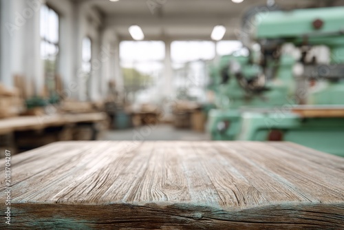 Empty rustic wooden table with blurred industrial workshop background.