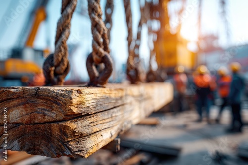Heavy wooden beam lifted by chains at a construction site with workers in background.