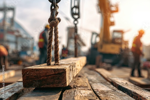 Industrial construction site with workers and heavy machinery lifting wooden beam.