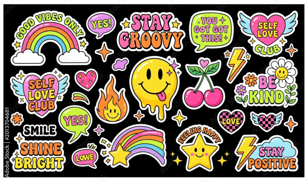 Fototapeta premium Retro Kawaii Sticker Pack Vector Collection with Cute Typography