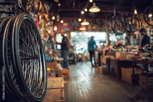 Bicycle wheel in focus with blurred background of a bustling bike shop.