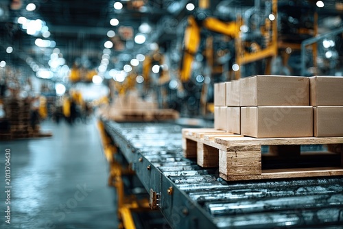 Cardboard Boxes on Pallet in Modern Industrial Factory with Automated Production Line.