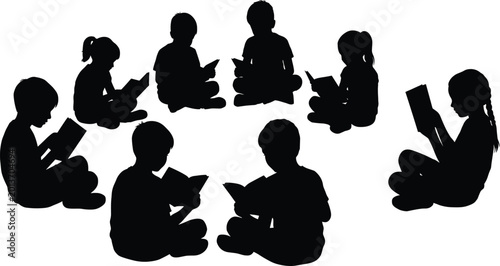 Foto Children Reading Books Silhouette Set for Education Learning Literacy and Childh