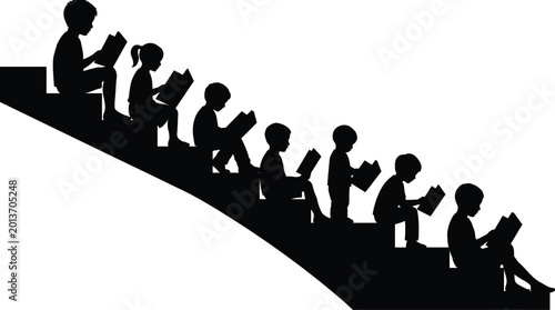 Bild auf Leinwand Children Reading Books on Stairs Silhouette Illustration Representing Education