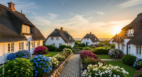 Idyllic cottages with thatched roofs nestled amongst blooming hydrangeas at sunset