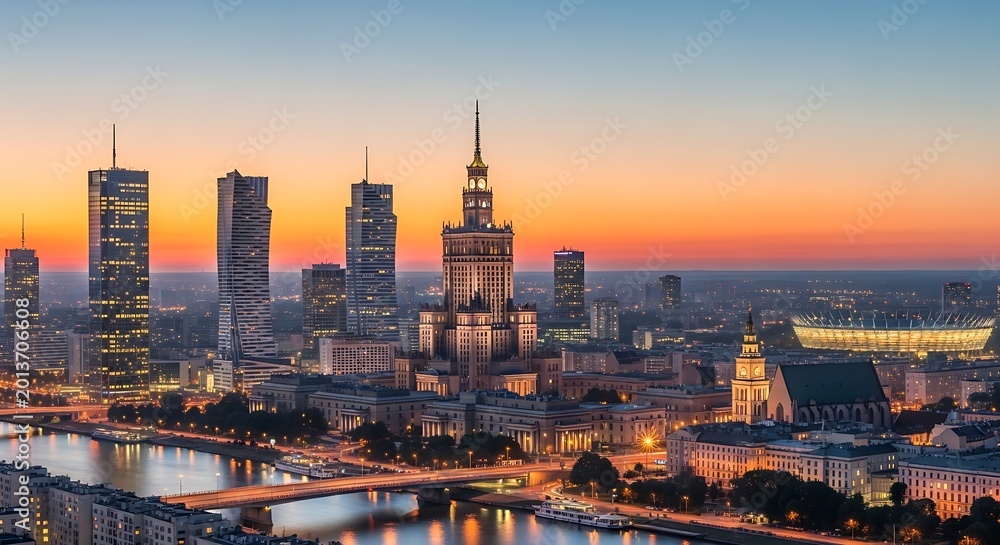 Obraz premium Illuminated city skyline at dusk with river, bridge, and stadium