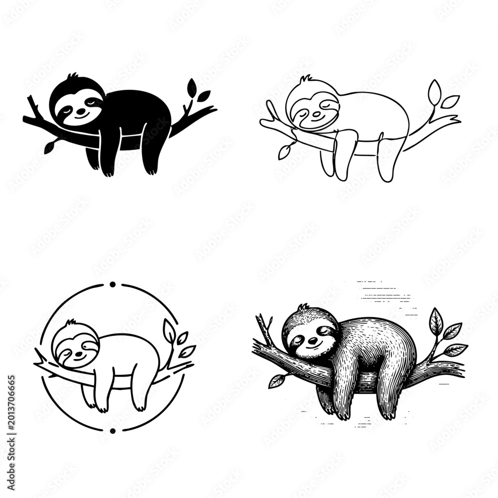 Fototapeta premium Sleeping Sloth on Tree Branch Black and White Vector Illustration Collection