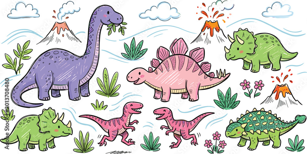 Fototapeta premium Adorable Dinosaur Vector Collection Featuring Brachiosaurus Triceratops Stegosaurus and Velociraptor with Prehistoric Volcanoes and Tropical Plants for Children's Educational and Creative Designs