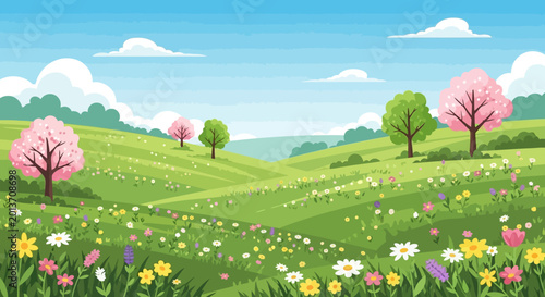 Cuadro en lienzo Vibrant Spring Landscape with Blooming Trees and Wildflowers.