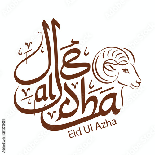 Eid al Azha calligraphy with ram illustration, brown and white design