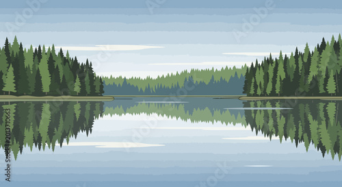 Foto Serene Forest Lake Reflection with Lush Green Trees.