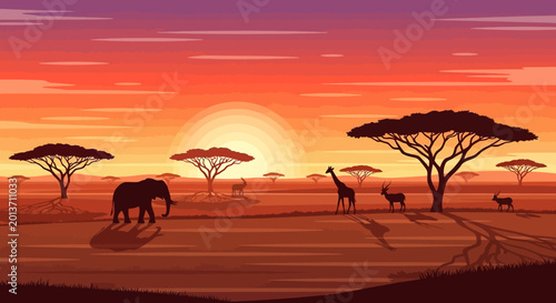 Photography African savanna wildlife at sunset featuring elephants and giraffes