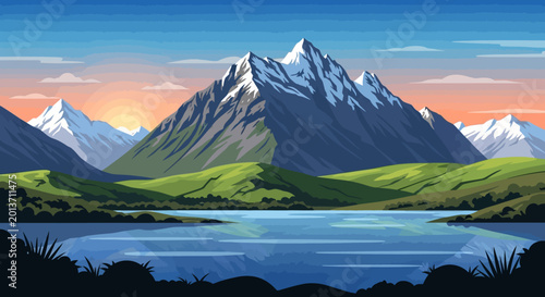 Bild auf Leinwand Majestic Snow-Capped Mountains Reflected in Serene Lake at Sunset