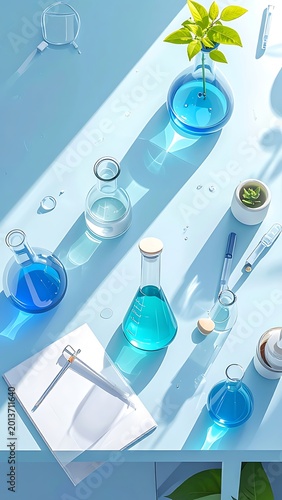 Laboratory equipment on a blue table with green plants nearby