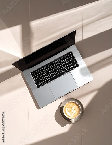 Laptop and coffee on a sunny floor